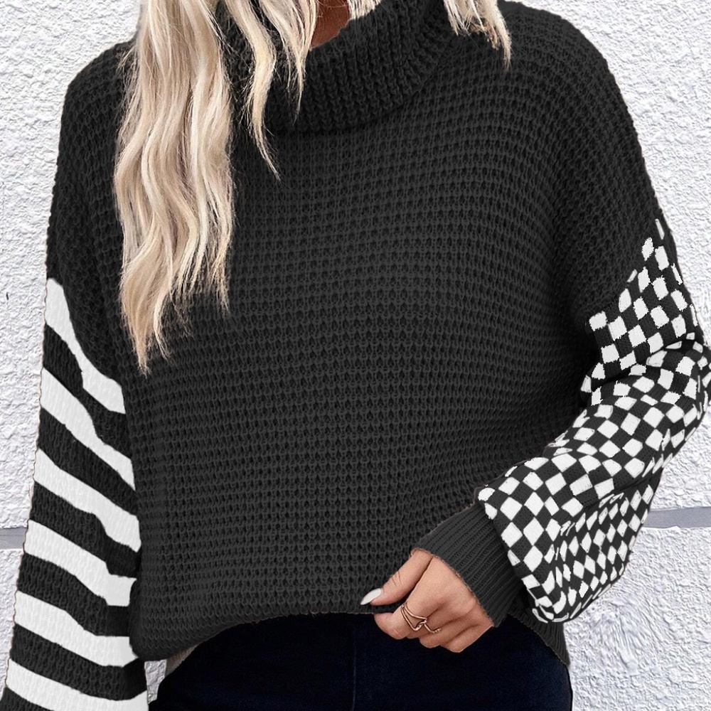 B190 Black Striped Plaid Patchwork Waffle Knit Turtleneck Sweater